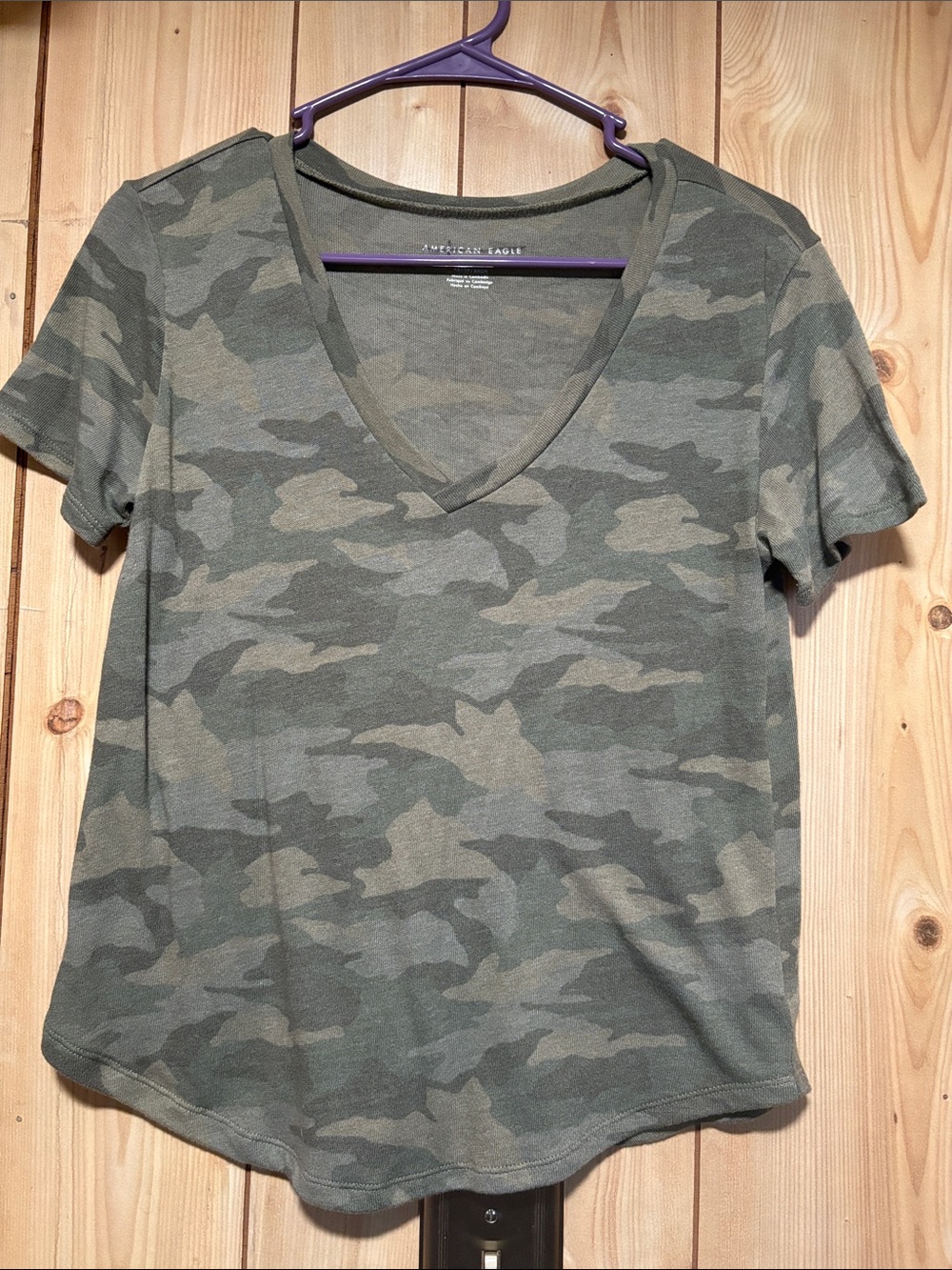 American Eagle Outfitters Olive Green Camo V-Neck Tee